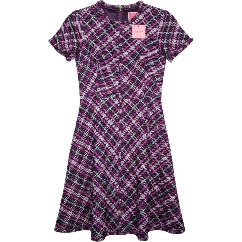 Kate Spade Plaid Plumtree Tweed Dress Women 4 Purple‎ Fit Flare Fringe Cotton
